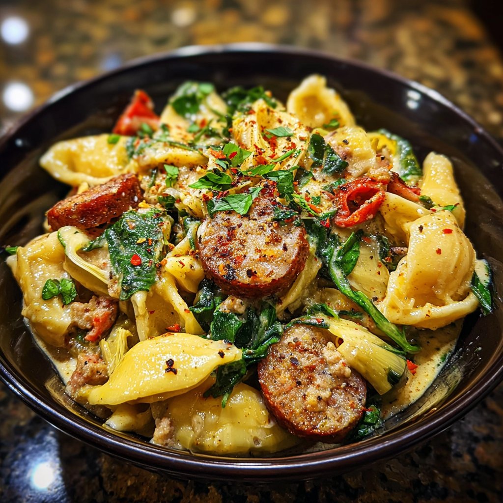 One Pot Cajun Sausage Pasta with Spinach and Artichokes